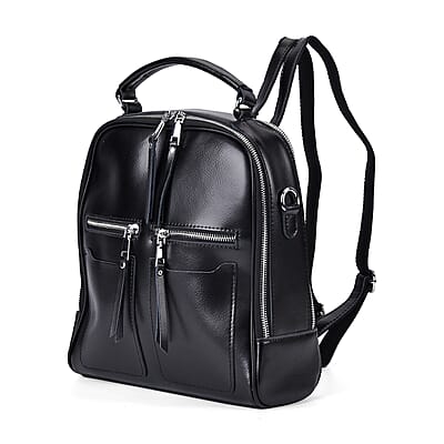 Black Genuine Leather Backpack with Crossbody Strap