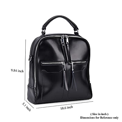 Black Genuine Leather Backpack with Crossbody Strap