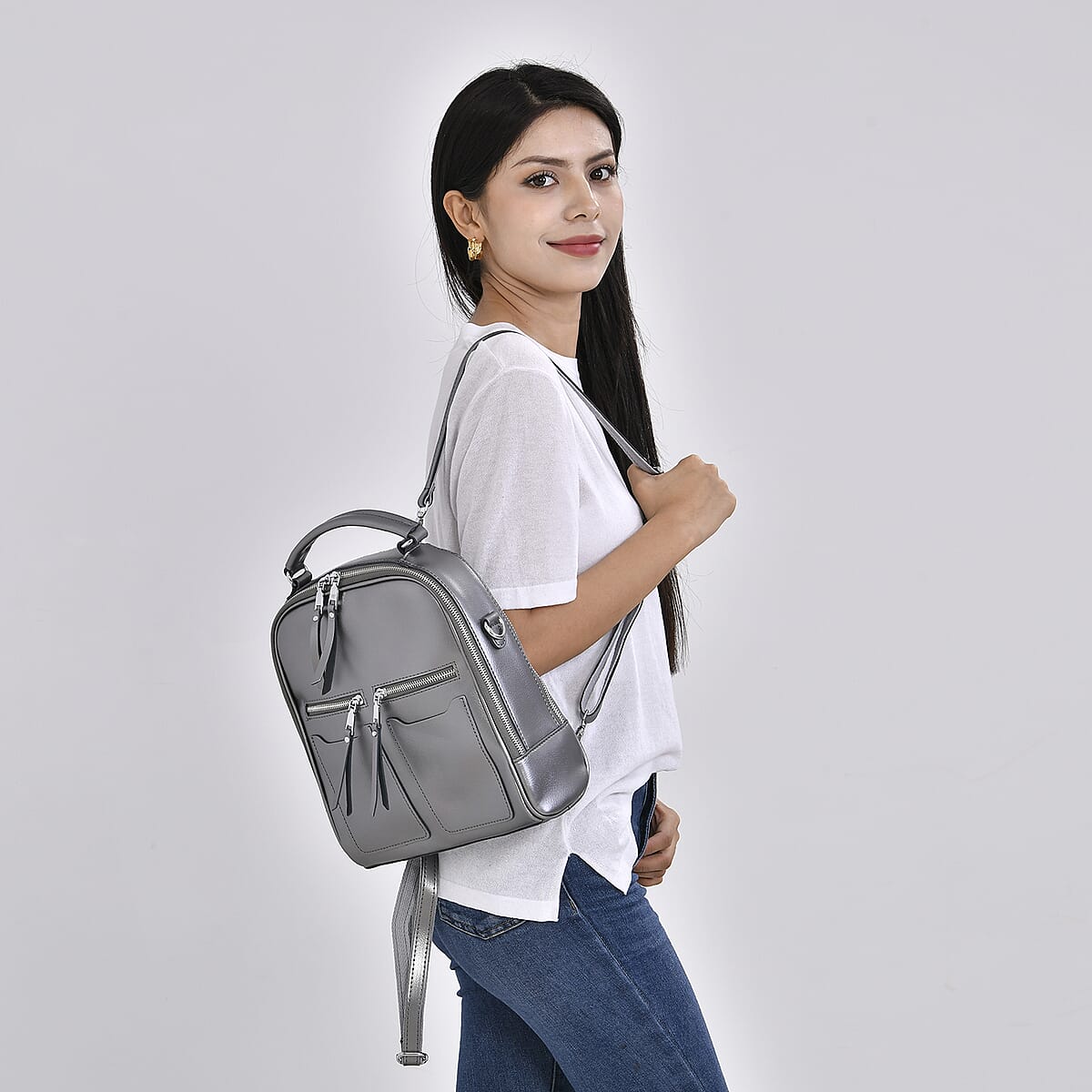 Silver Genuine Leather Backpack with Crossbody Strap image number 1