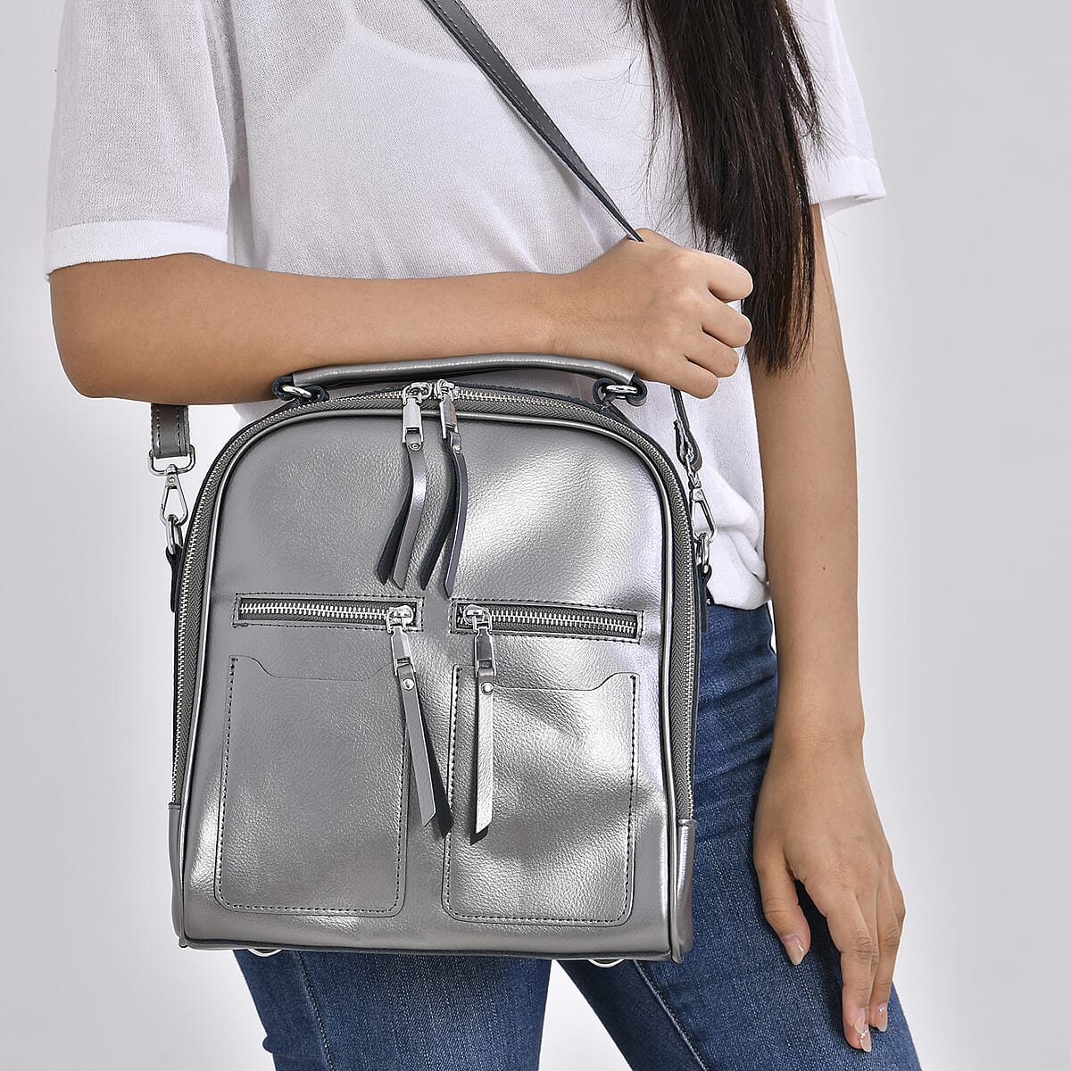 Silver Genuine Leather Backpack with Crossbody Strap image number 2