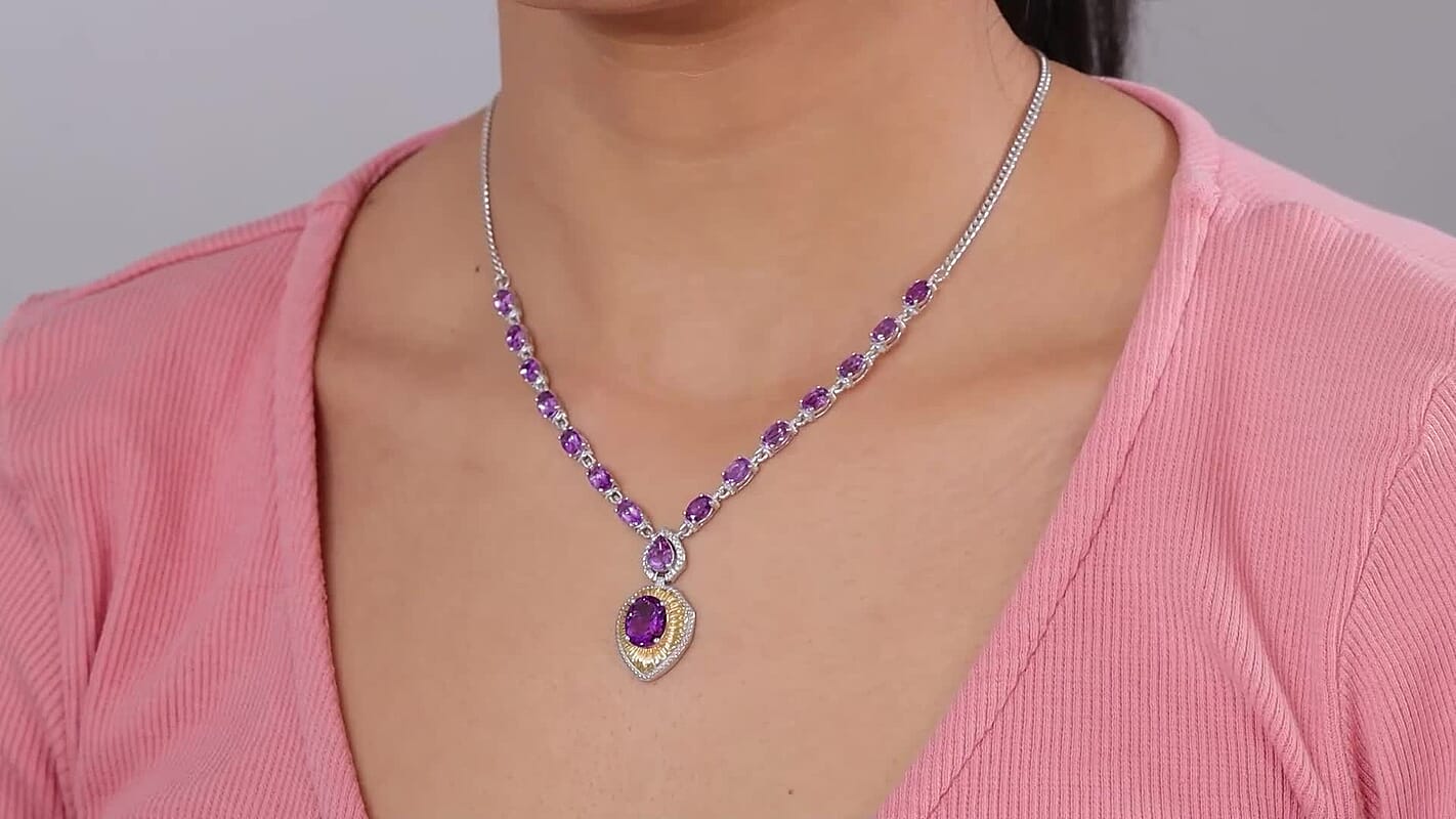 Premium Moroccan Amethyst and White Zircon 9.66 ctw Cluster Neckalce (18 Inches) in Twotone Sterling Silver (13.76 g)