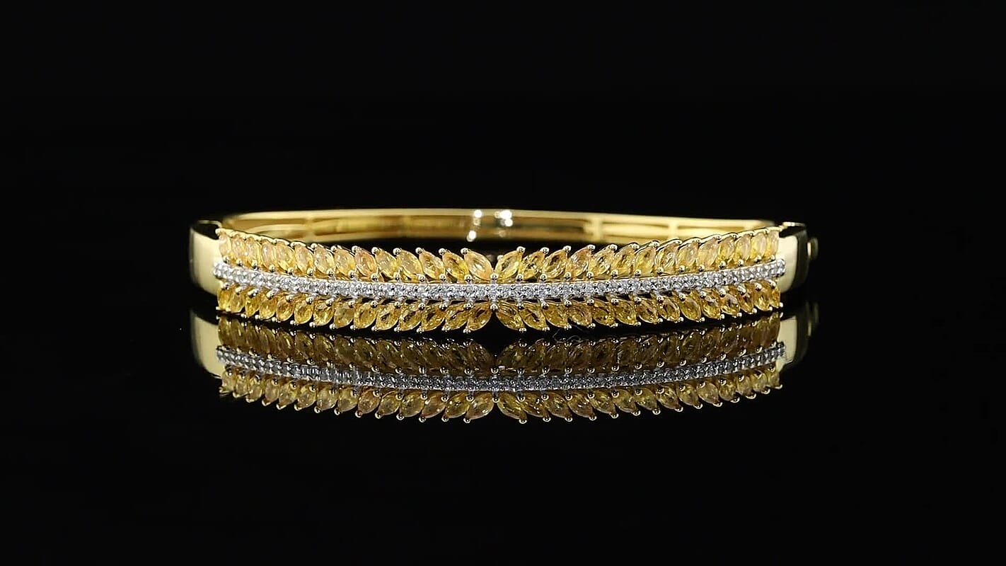 Premium Yellow Sapphire, White Zircon Bangle Bracelet in 18K Vermeil YG Over Sterling Silver (7.50 In) 7.00 ctw