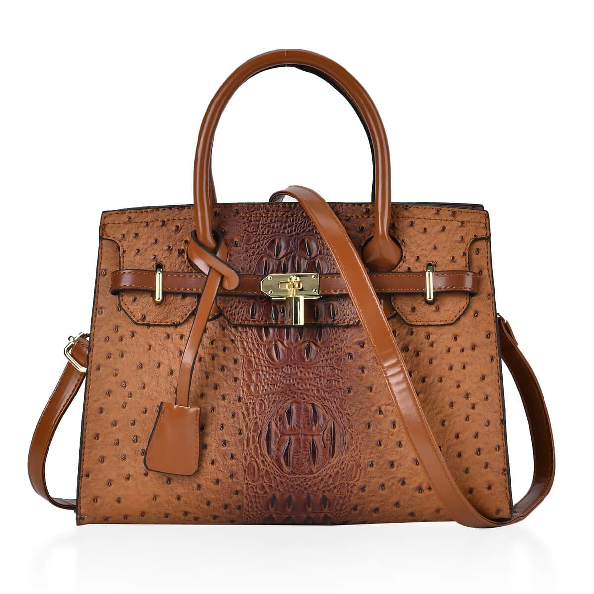 Brown Croco Embossed Faux Leather Tote Bag with Shoulder Strap image number 0
