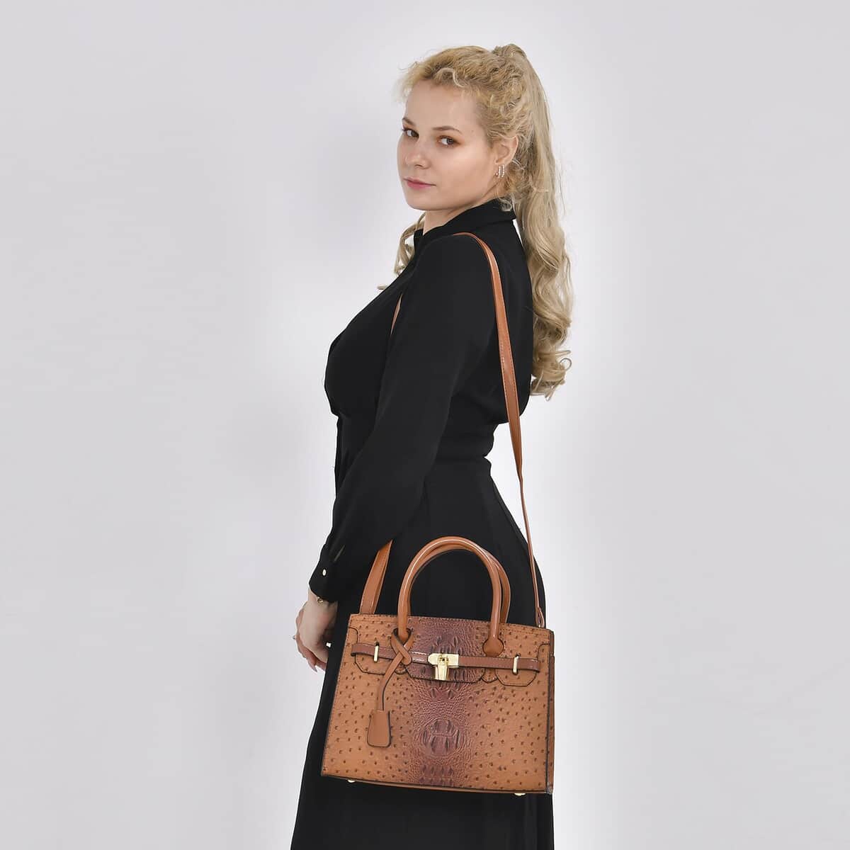 Brown Croco Embossed Faux Leather Tote Bag with Shoulder Strap image number 1