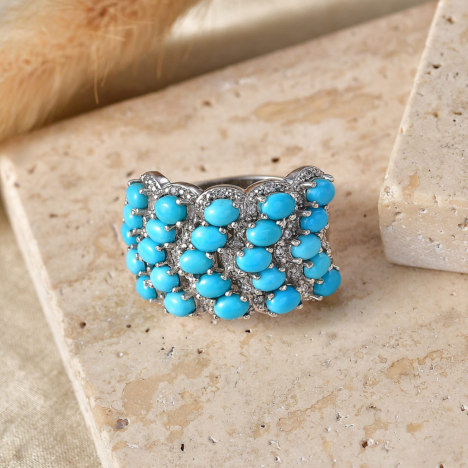 Premium Sleeping Beauty Turquoise and White Zircon 4.80 ctw Ring in Rhodium Over Sterling Silver (Size 7.0)