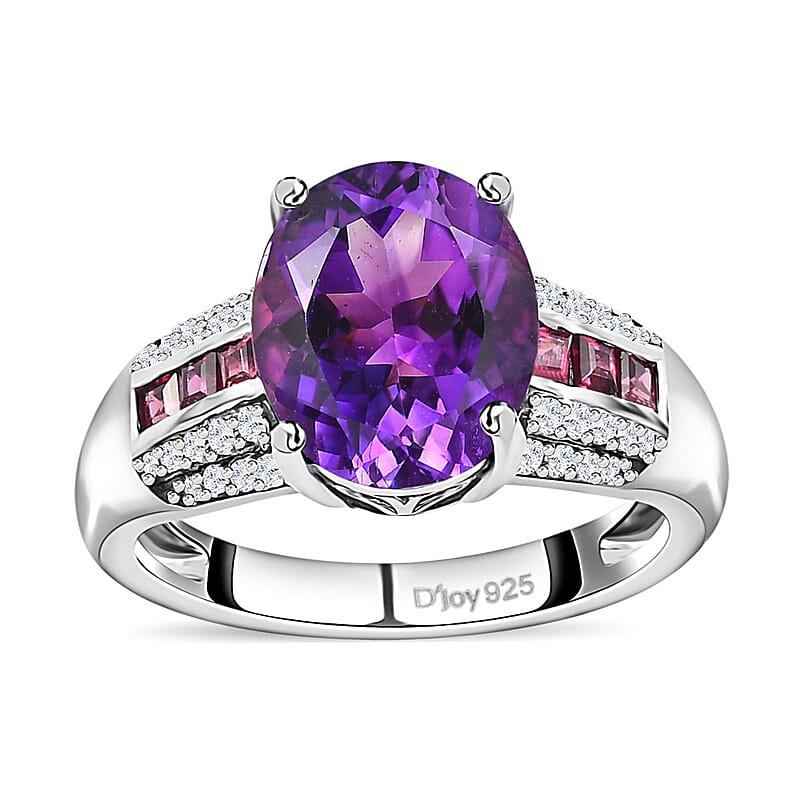 D'Joy AAA Moroccan Amethyst and Multi Gemstone 6.15 ctw Ring in Platinum Over Sterling Silver (Size 10.0)