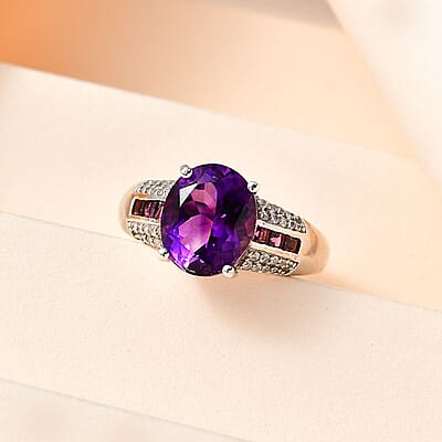 D'Joy AAA Moroccan Amethyst and Multi Gemstone 6.15 ctw Ring in Platinum Over Sterling Silver (Size 10.0)