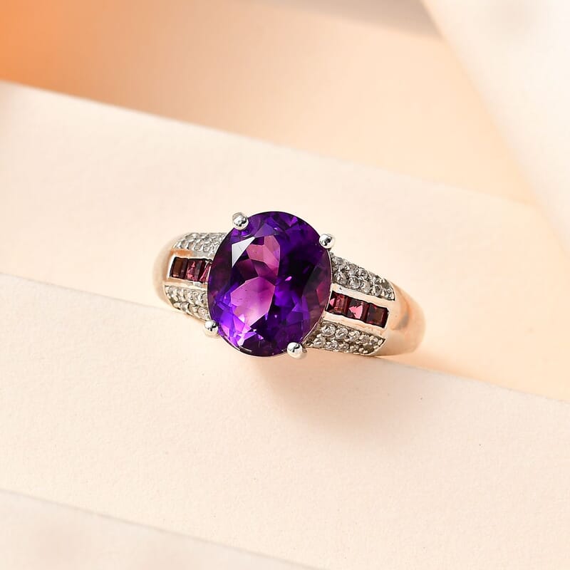 D'Joy AAA Moroccan Amethyst and Multi Gemstone 6.15 ctw Ring in Platinum Over Sterling Silver (Size 10.0)
