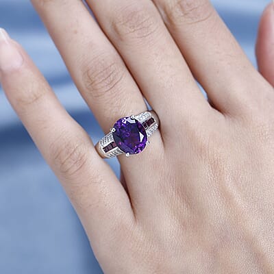 D'Joy AAA Moroccan Amethyst and Multi Gemstone 6.15 ctw Ring in Platinum Over Sterling Silver (Size 10.0)