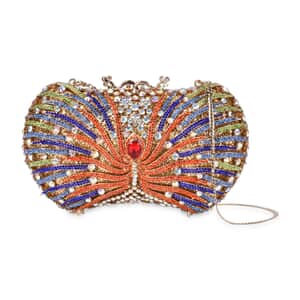 Crystellia Designer Premium Austrian Crystal, Peacock Feathers Crystal Clutch with Golden Faux Leather Lining, Short Snake Chain