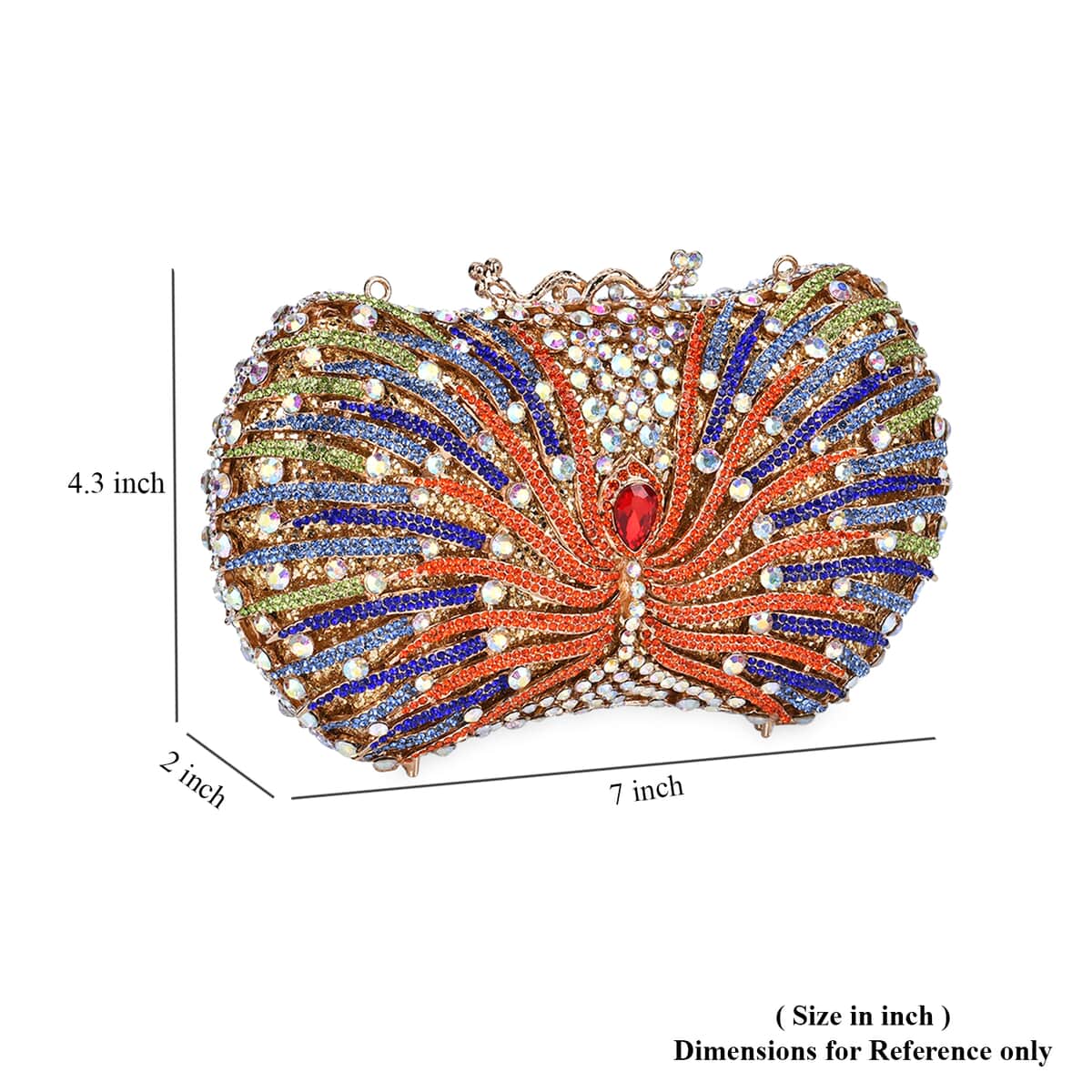 Crystellia Designer Premium Austrian Crystal, Peacock Feathers Crystal Clutch with Golden Faux Leather Lining, Short Snake Chain image number 5