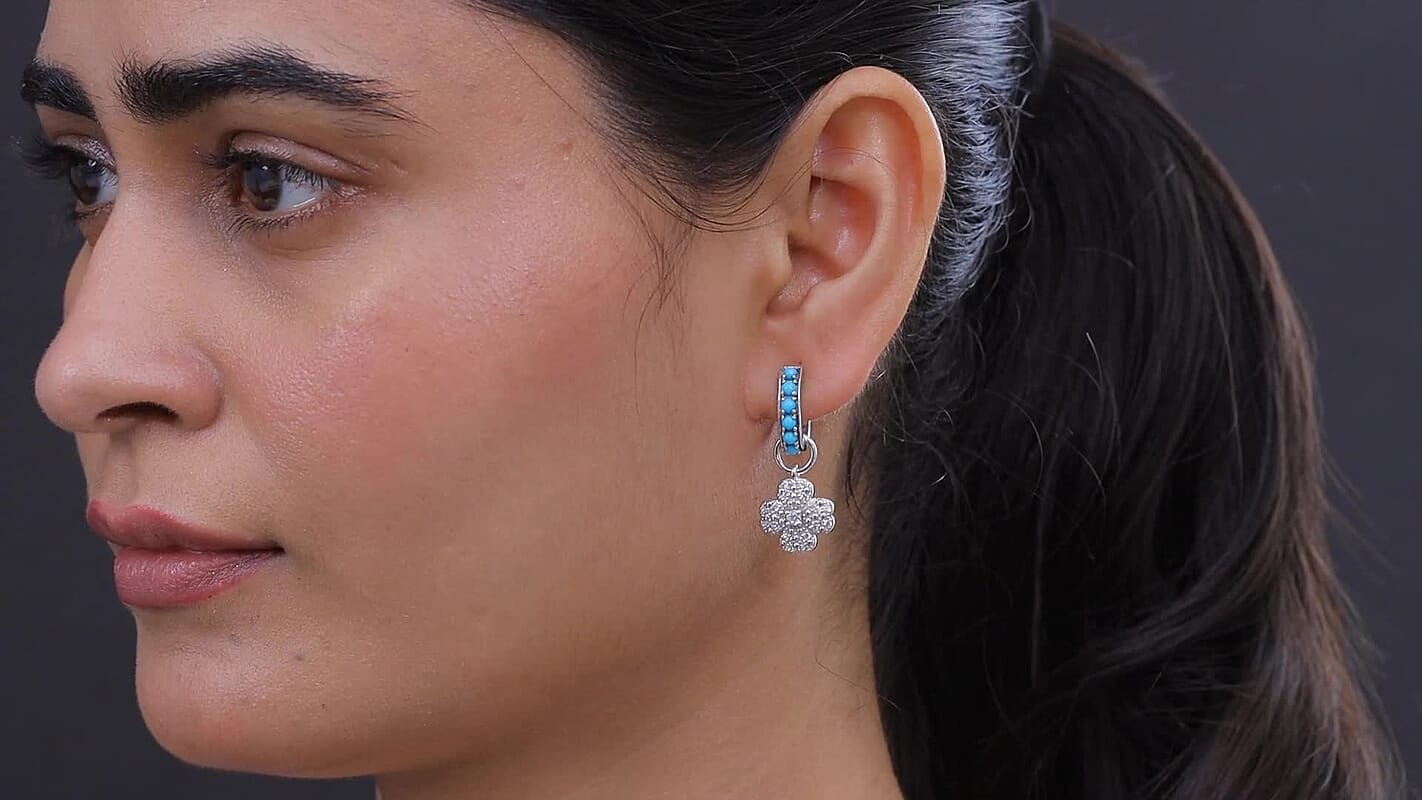 Premium Sleeping Beauty Turquoise, White Zircon Earrings in Rhodium Over Sterling Silver 1.25 ctw