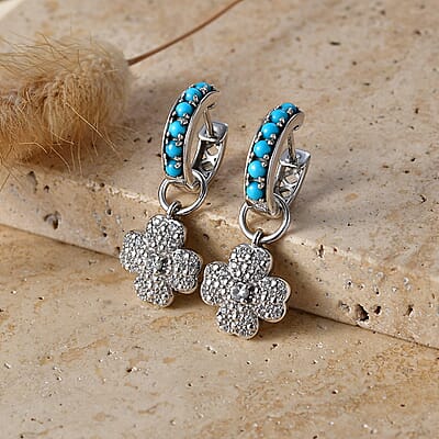 Premium Sleeping Beauty Turquoise and White Zircon 1.25 ctw Earrings in Rhodium Over Sterling Silver