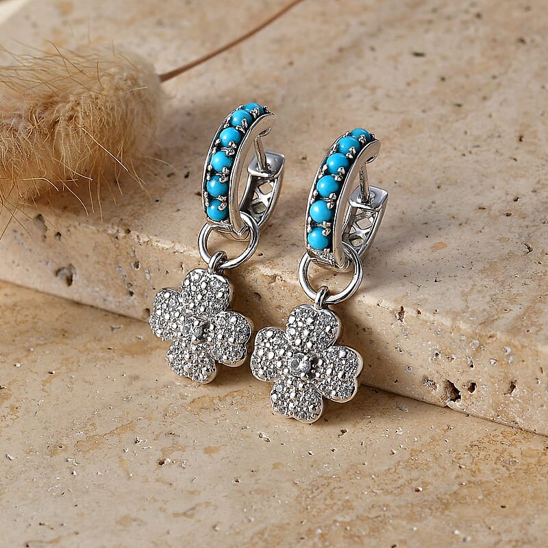 Premium Sleeping Beauty Turquoise and White Zircon 1.25 ctw Earrings in Rhodium Over Sterling Silver