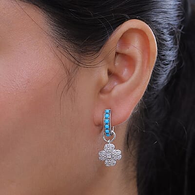Premium Sleeping Beauty Turquoise and White Zircon 1.25 ctw Earrings in Rhodium Over Sterling Silver
