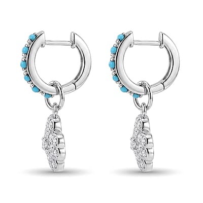 Premium Sleeping Beauty Turquoise and White Zircon 1.25 ctw Earrings in Rhodium Over Sterling Silver