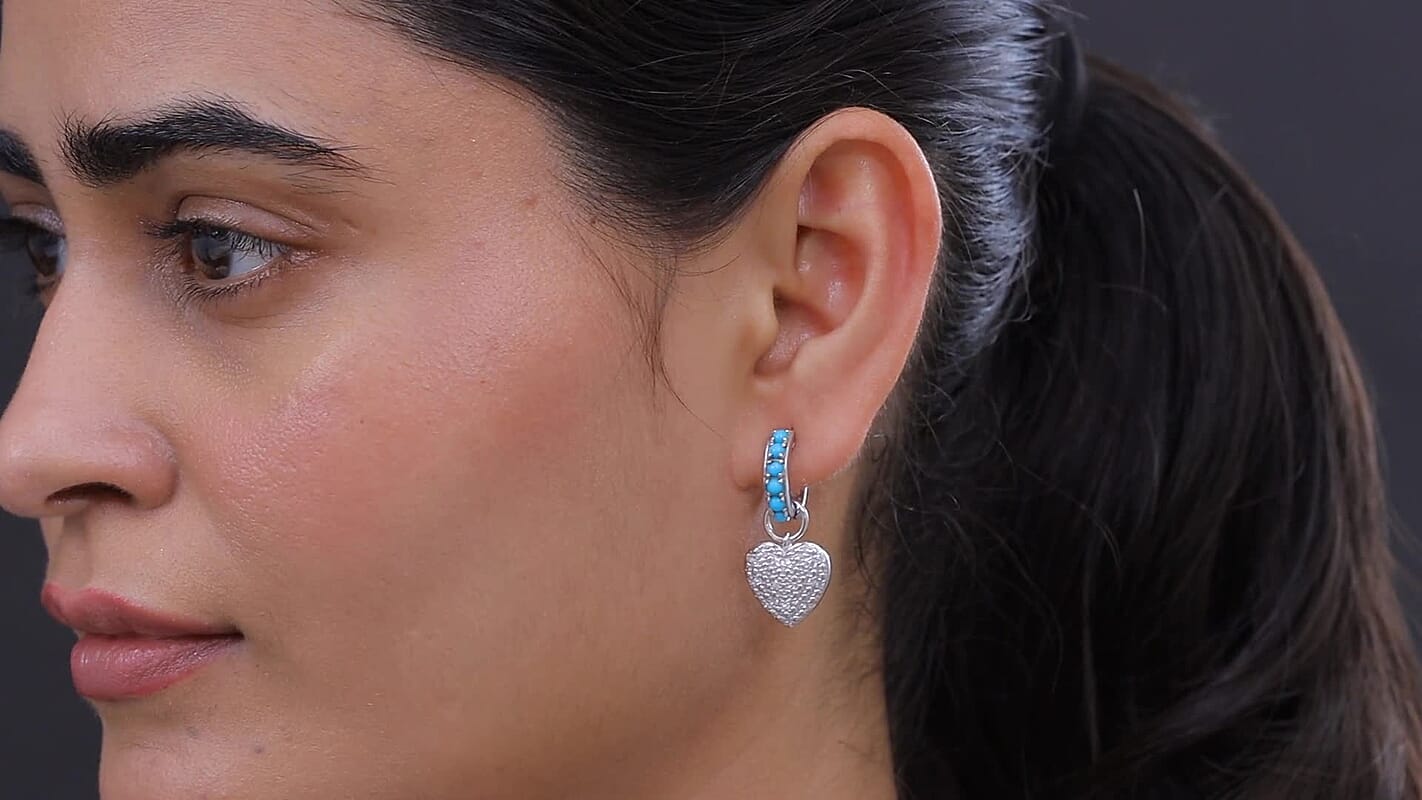 Premium Sleeping Beauty Turquoise, White Zircon J Hoop Earrings in Rhodium Over Sterling Silver 1.35 ctw