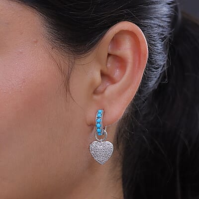 Premium Sleeping Beauty Turquoise and White Zircon 1.35 ctw J Hoop Earrings in Rhodium Over Sterling Silver