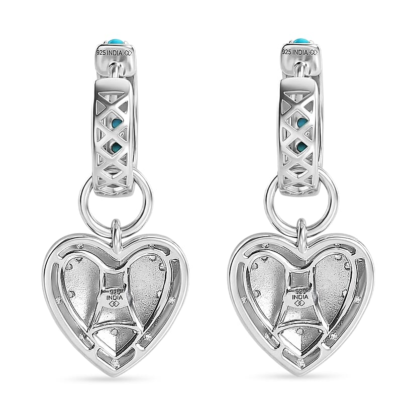 Premium Sleeping Beauty Turquoise and White Zircon 1.35 ctw J Hoop Earrings in Rhodium Over Sterling Silver