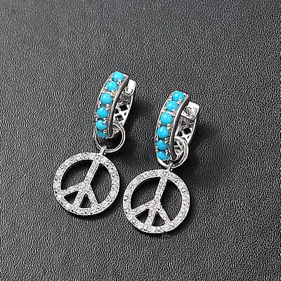 Premium Sleeping Beauty Turquoise and White Zircon 1.25 ctw J Hoop Earrings in Rhodium Over Sterling Silver