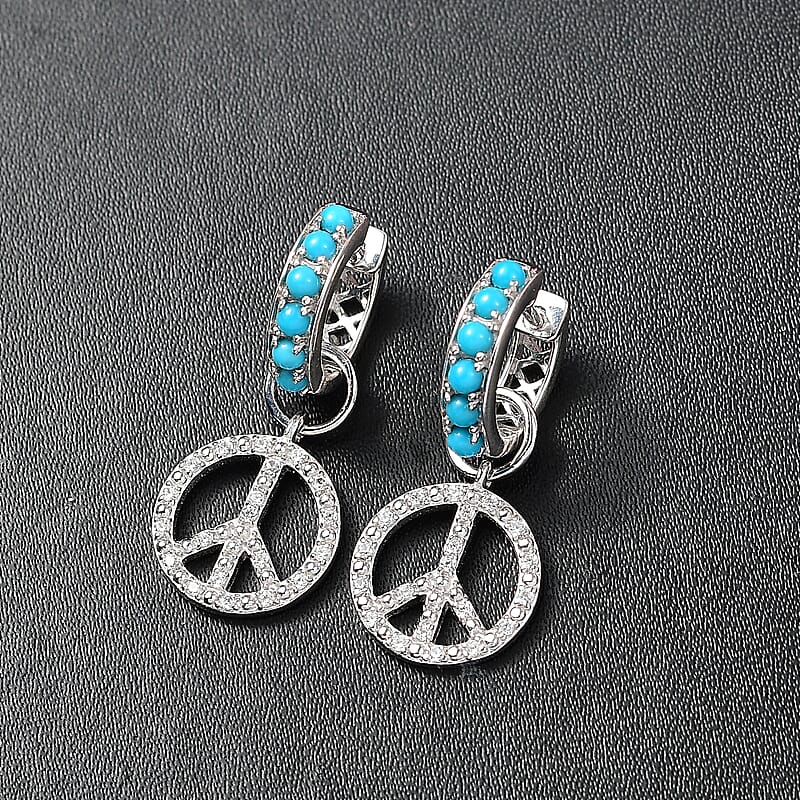 Premium Sleeping Beauty Turquoise and White Zircon 1.25 ctw J Hoop Earrings in Rhodium Over Sterling Silver