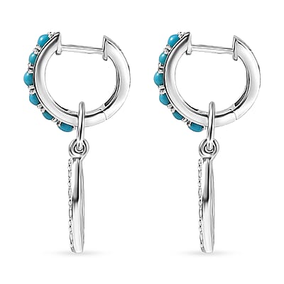 Premium Sleeping Beauty Turquoise and White Zircon 1.25 ctw J Hoop Earrings in Rhodium Over Sterling Silver