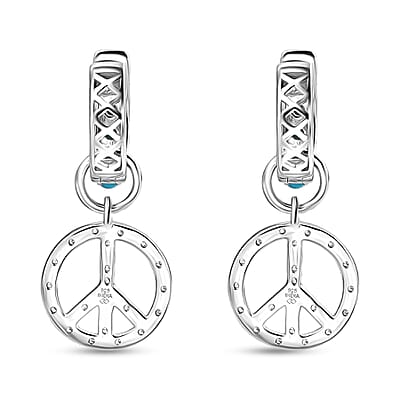Premium Sleeping Beauty Turquoise and White Zircon 1.25 ctw J Hoop Earrings in Rhodium Over Sterling Silver