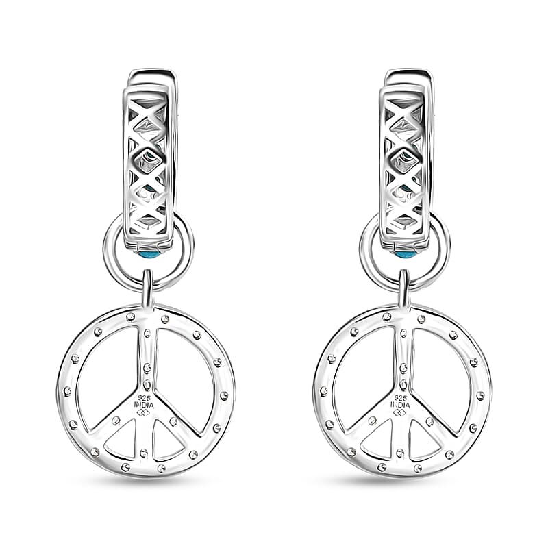 Premium Sleeping Beauty Turquoise and White Zircon 1.25 ctw J Hoop Earrings in Rhodium Over Sterling Silver