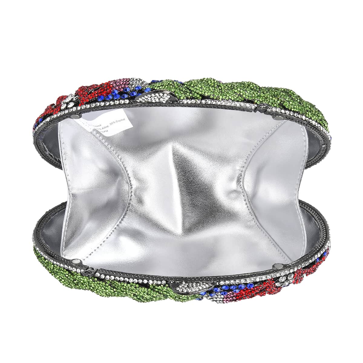 Crystellia Designer Premium Austrian Crystal, Red Lily Crystal Clutch with Silver Faux Leather Lining, Short Snake Chain image number 4