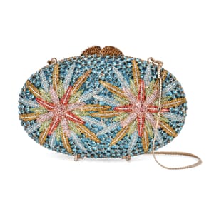 Crystellia Designer Premium Austrian Crystal, North Star Crystal Clutch with Golden Faux Leather Lining, Short Snake Chain