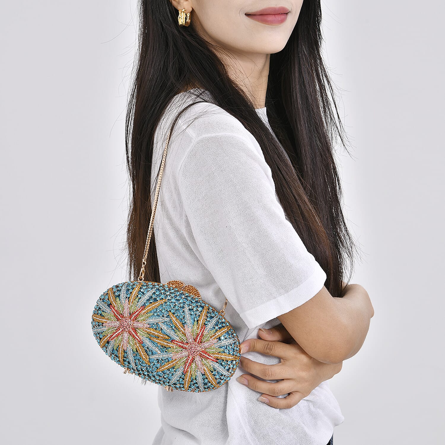 Crystellia Designer Premium Austrian Crystal, North Star Crystal Clutch with Golden Faux Leather Lining, Short Snake Chain