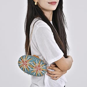 Crystellia Designer Premium Austrian Crystal, North Star Crystal Clutch with Golden Faux Leather Lining, Short Snake Chain