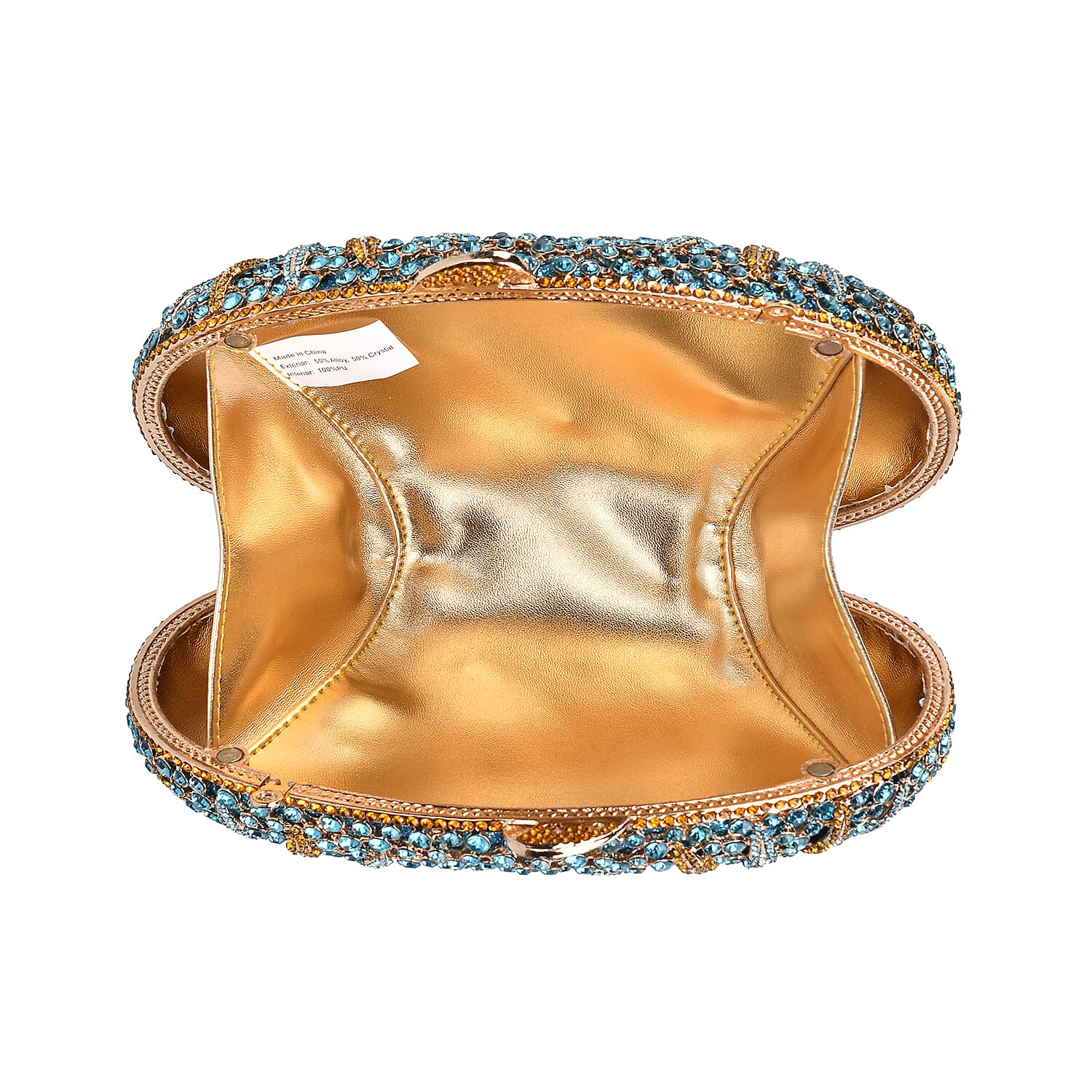 Crystellia Designer Premium Austrian Crystal, North Star Crystal Clutch with Golden Faux Leather Lining, Short Snake Chain