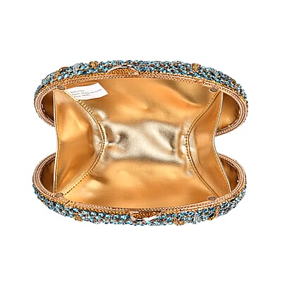 Crystellia Designer Premium Austrian Crystal, North Star Crystal Clutch with Golden Faux Leather Lining, Short Snake Chain