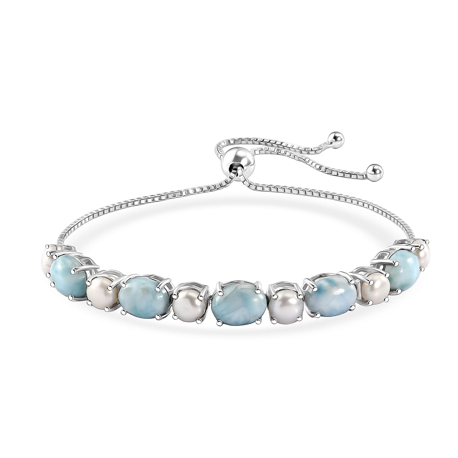 Larimar 5.50 ctw and Freshwater Pearl Bracelet in Rhodium Over Sterling Silver (10.00 In)