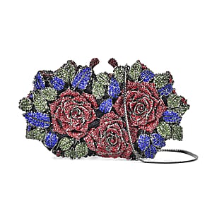 Crystellia Designer Premium Austrian Crystal, Red Rose Crystal Clutch with Silver Faux Leather Lining, Short Snake Chain