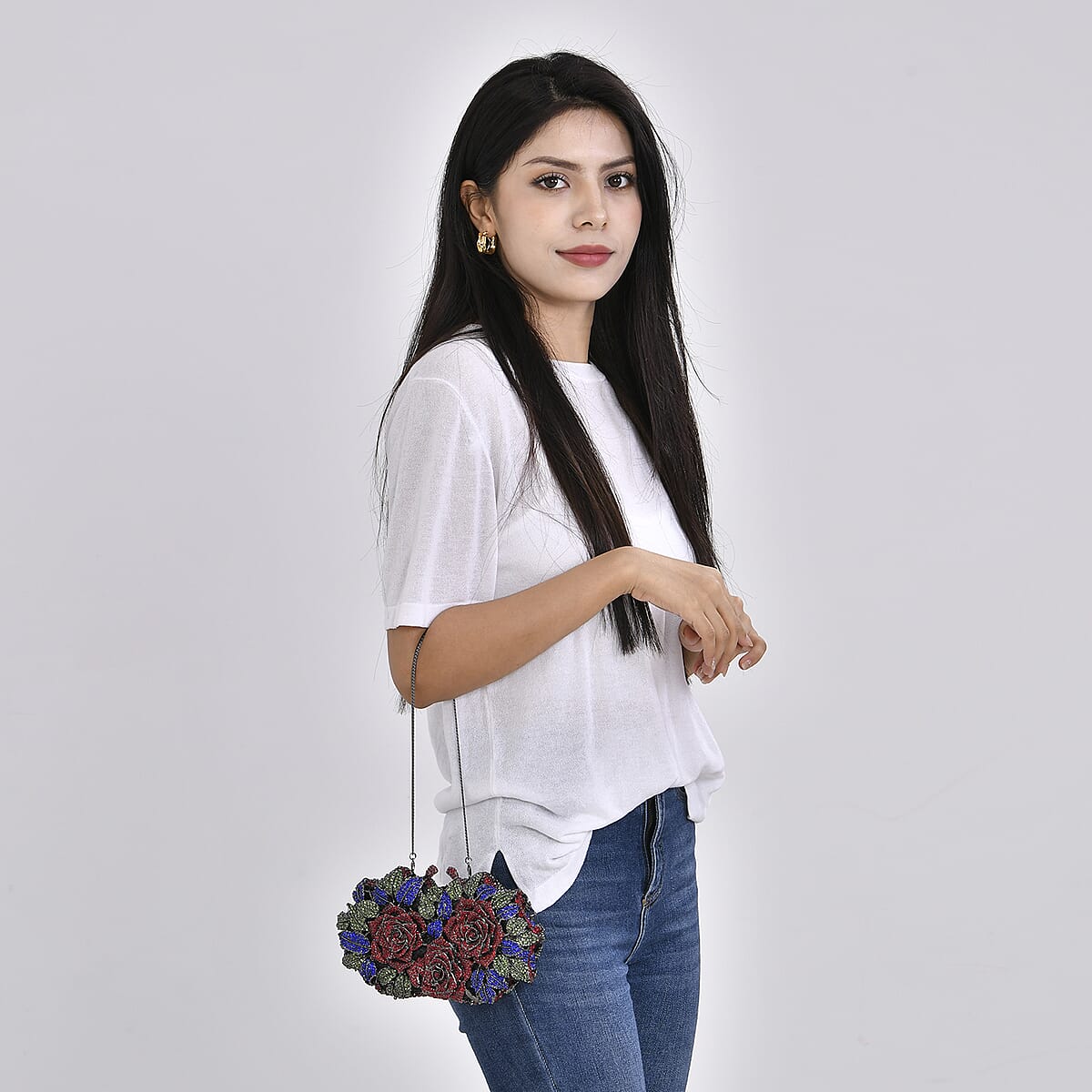 Crystellia Designer Premium Austrian Crystal, Red Rose Crystal Clutch with Silver Faux Leather Lining, Short Snake Chain image number 1