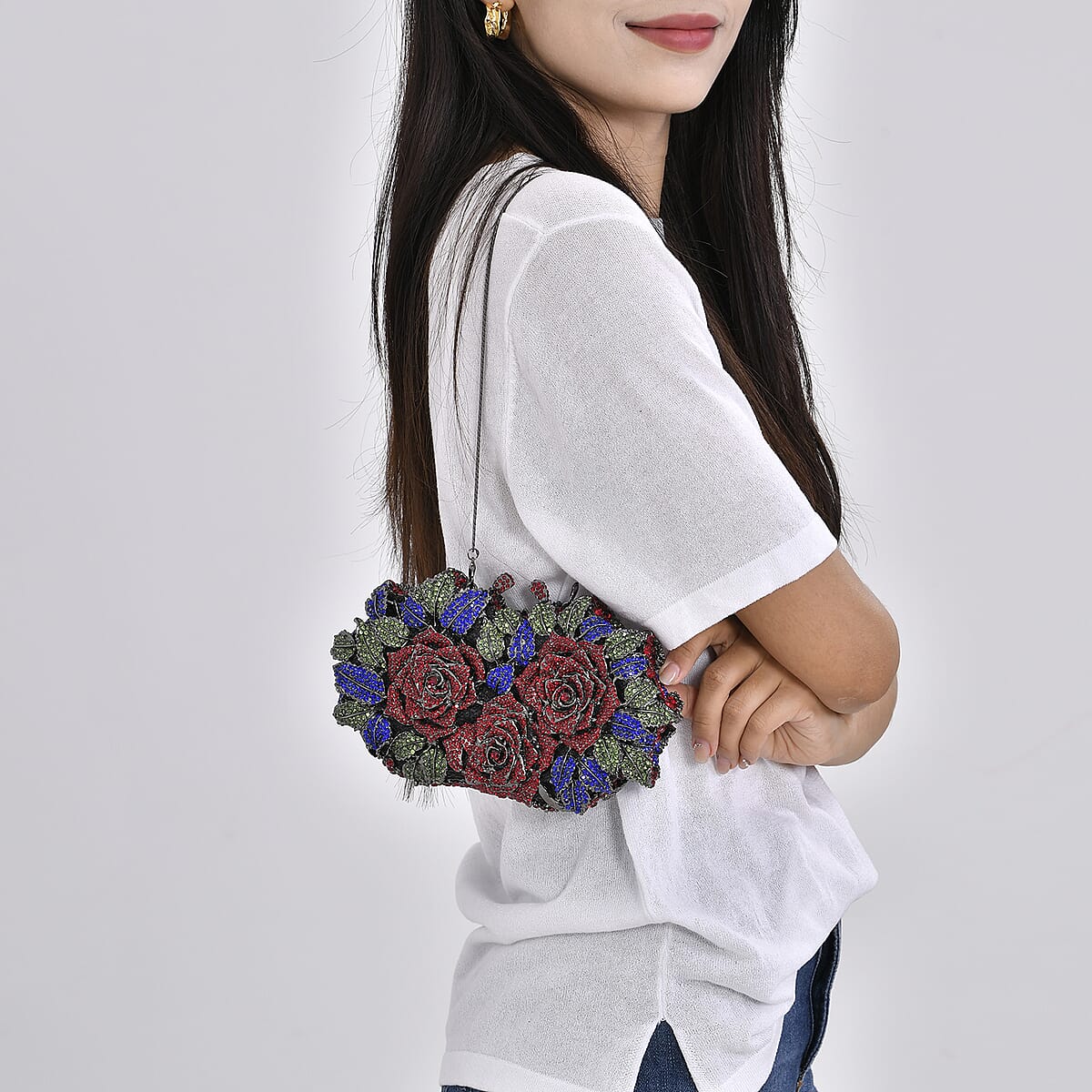 Crystellia Designer Premium Austrian Crystal, Red Rose Crystal Clutch with Silver Faux Leather Lining, Short Snake Chain image number 2