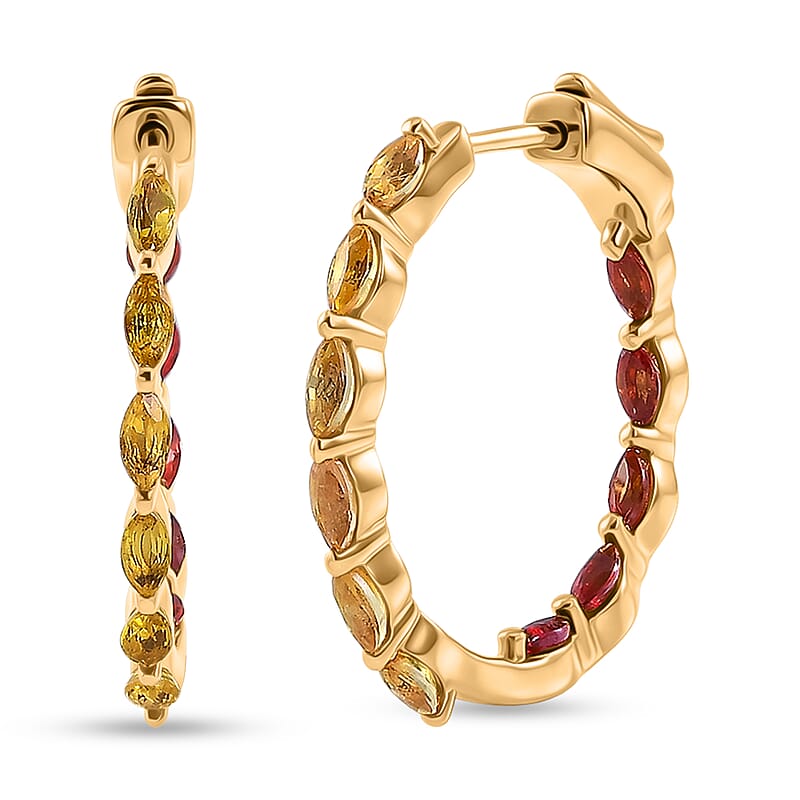 Premium Yellow and Red Sapphire 2.45 ctw J Hoop Earrings in 18K Vermeil Yellow Gold Over Sterling Silver
