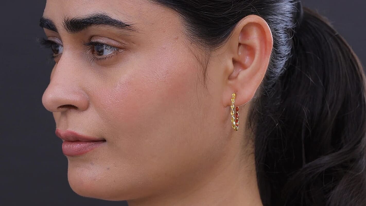 Premium Yellow and Red Sapphire J Hoop Earrings in 18K Vermeil YG Over Sterling Silver 2.45 ctw