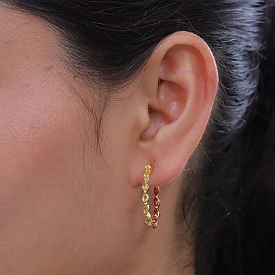 Premium Yellow and Red Sapphire 2.45 ctw J Hoop Earrings in 18K Vermeil Yellow Gold Over Sterling Silver