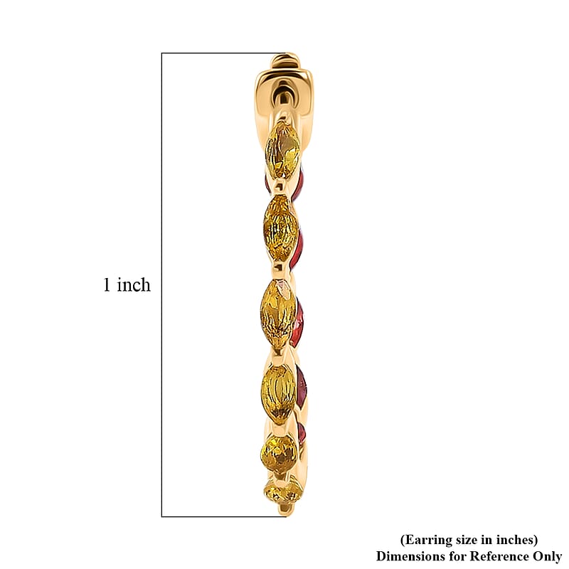 Premium Yellow and Red Sapphire 2.45 ctw J Hoop Earrings in 18K Vermeil Yellow Gold Over Sterling Silver