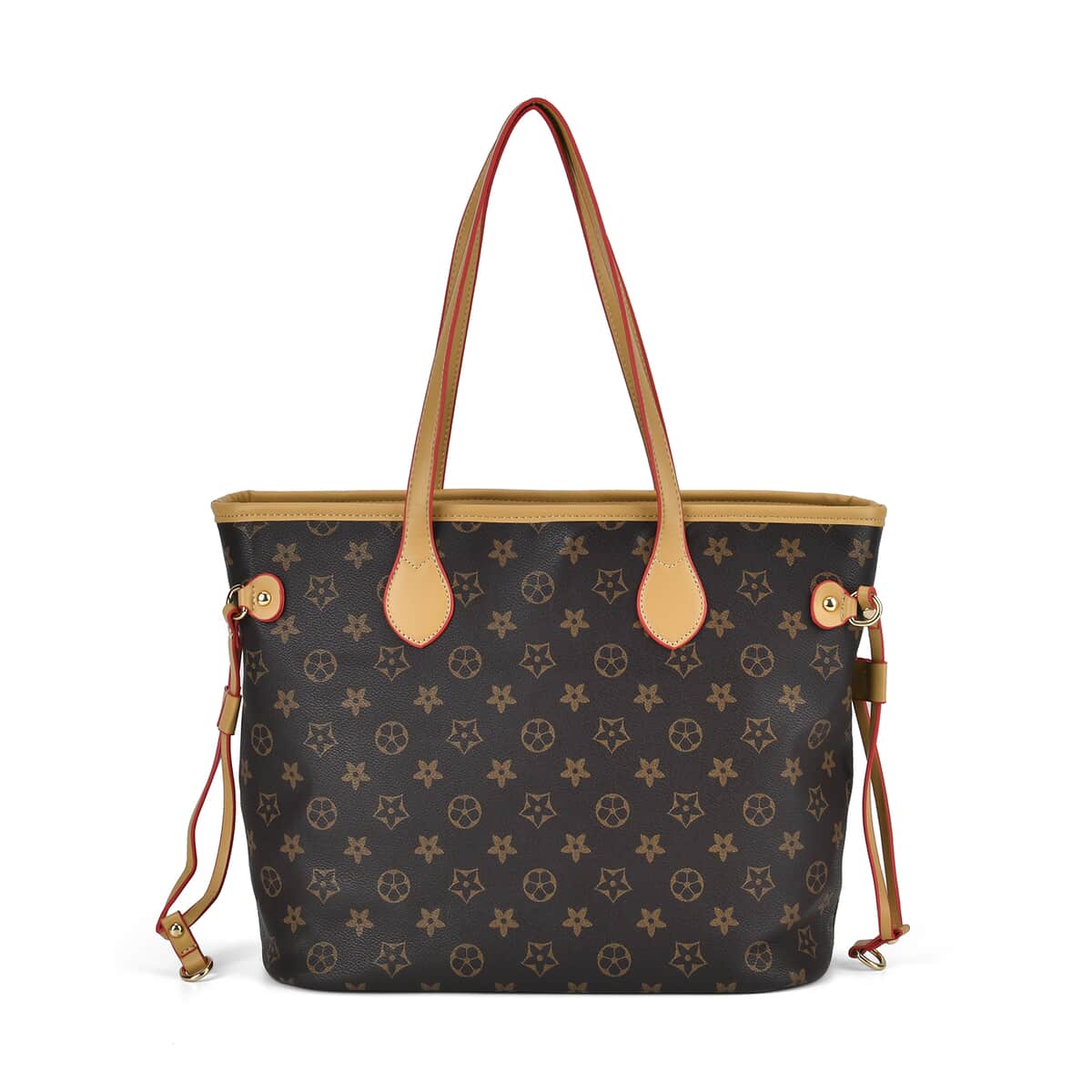 Dark Brown with Flower Print Faux Leather Tote Bag with Apricot Handle image number 0