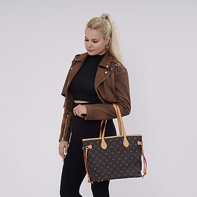Dark Brown with Flower Print Faux Leather Tote Bag with Apricot Handle