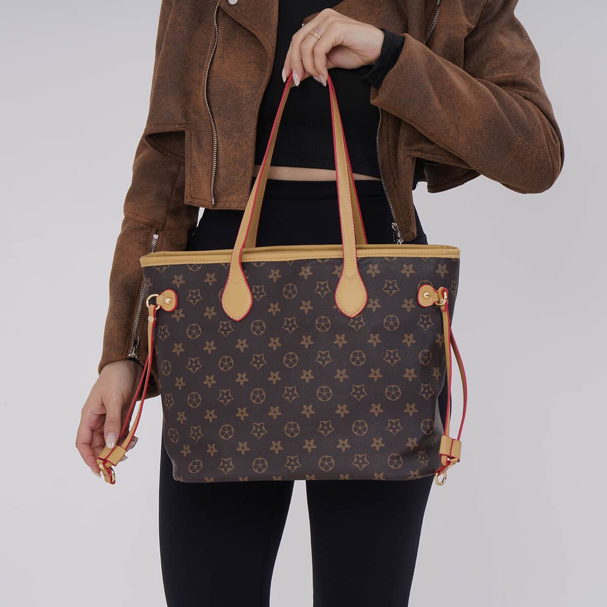 Dark Brown with Flower Print Faux Leather Tote Bag with Apricot Handle image number 2