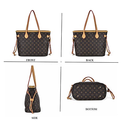 Dark Brown with Flower Print Faux Leather Tote Bag with Apricot Handle
