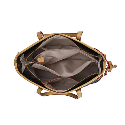 Dark Brown with Flower Print Faux Leather Tote Bag with Apricot Handle
