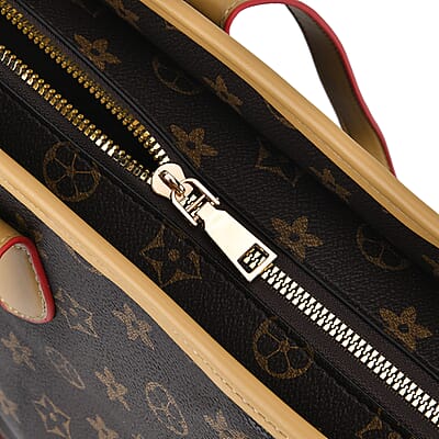 Dark Brown with Flower Print Faux Leather Tote Bag with Apricot Handle