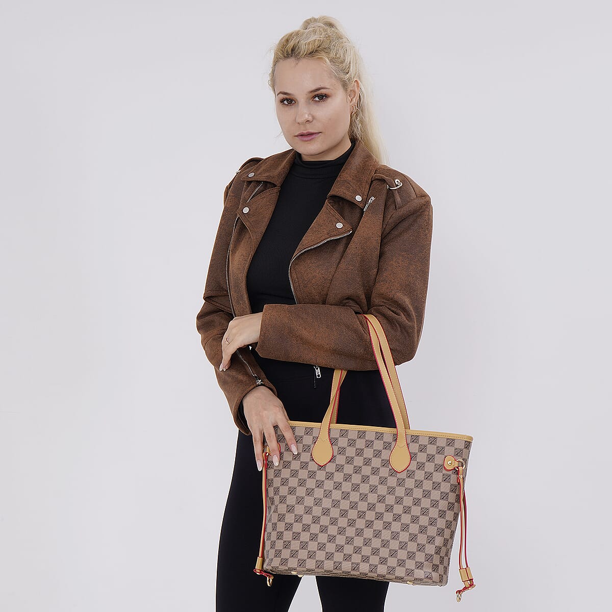 Apricot Color with Brown Checks Print Faux Leather Tote Bag with Apricot Handle image number 1