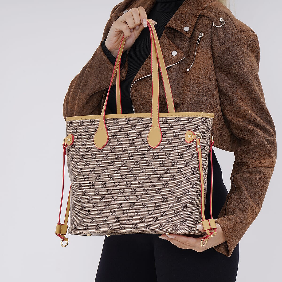 Apricot Color with Brown Checks Print Faux Leather Tote Bag with Apricot Handle image number 2